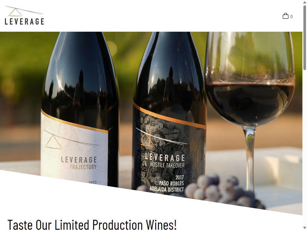 The Tastings and Events page on a tablet: Leverage bottles beside a glass of red wine and grapes outdoors, above "Taste Our Limited Production Wines!"