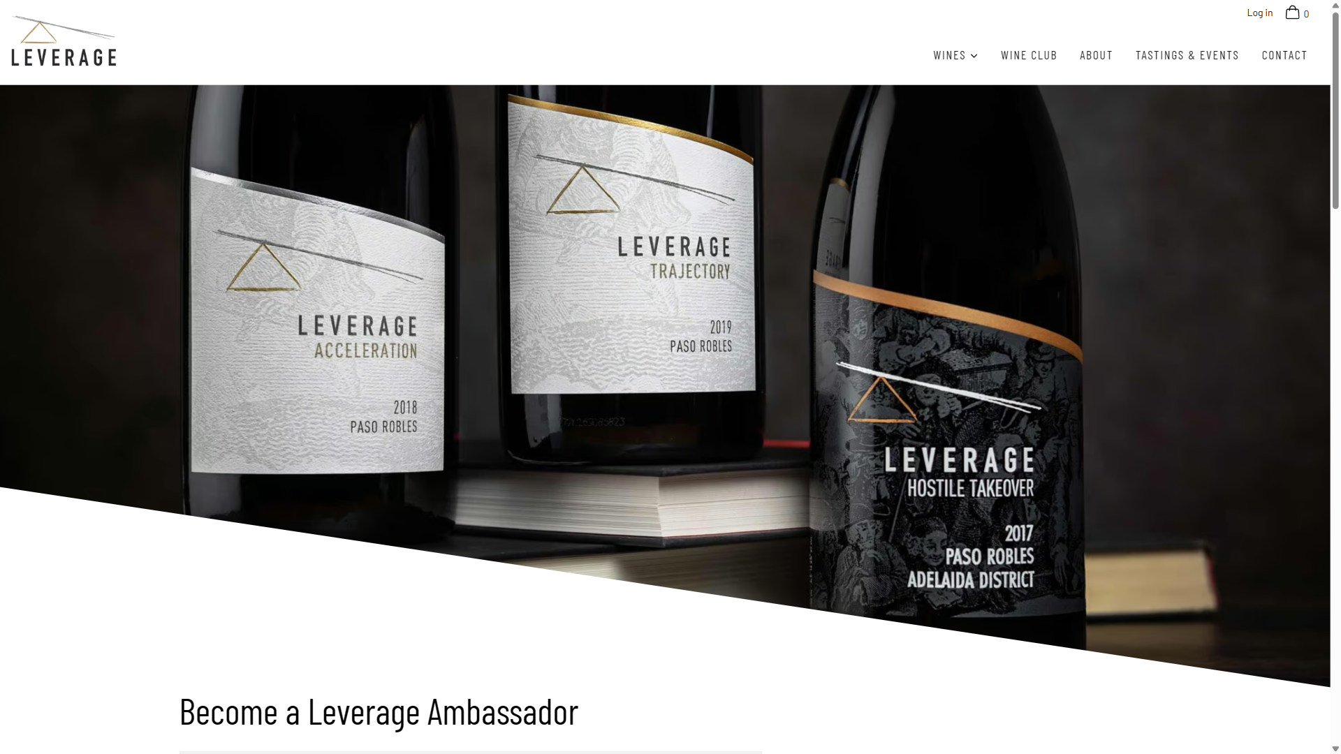 The Leverage wine club page on desktop: a row of Leverage bottles above "Become a Leverage Ambassador".