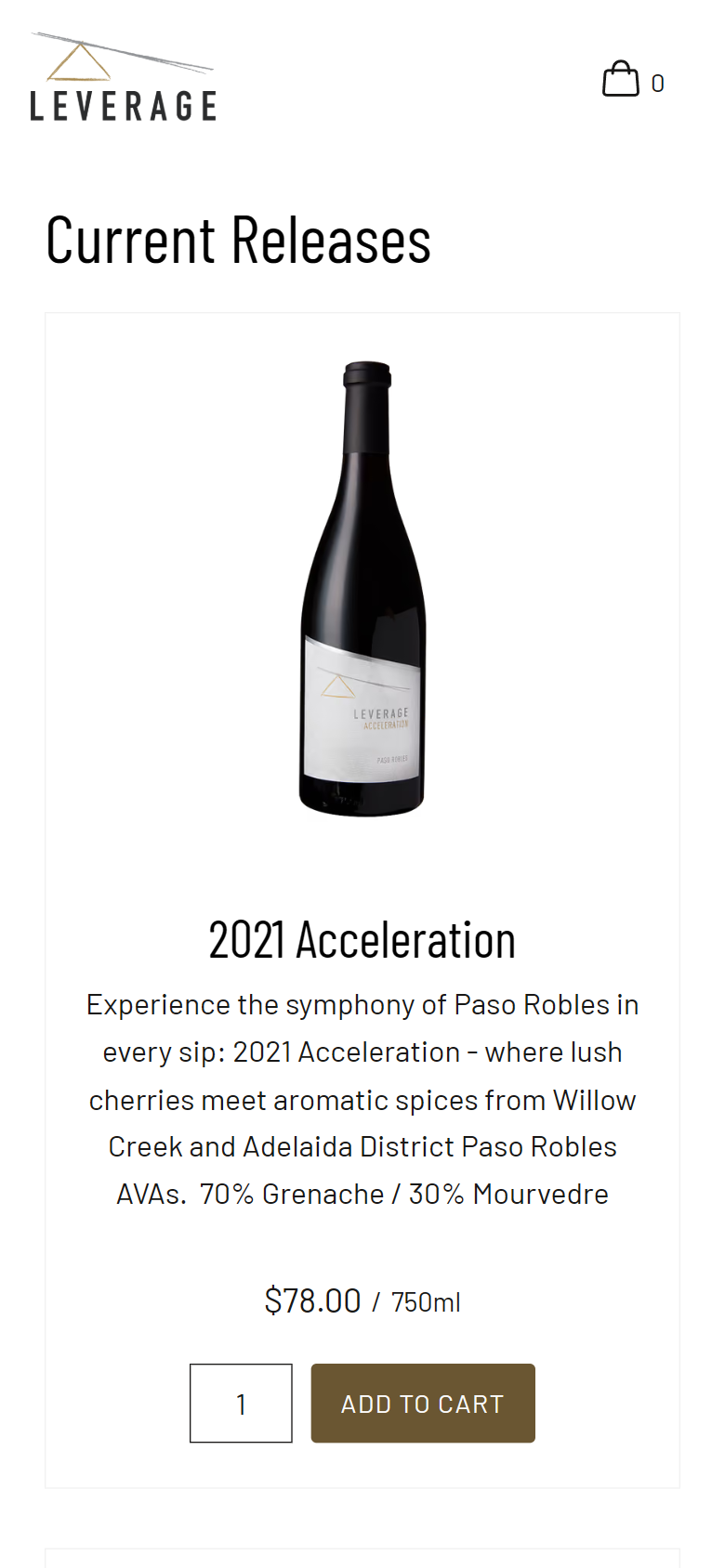 The Current Releases shop on a phone, showing the 2021 Acceleration blend of Grenache and Mourvèdre at $78.00 with an Add to Cart button.