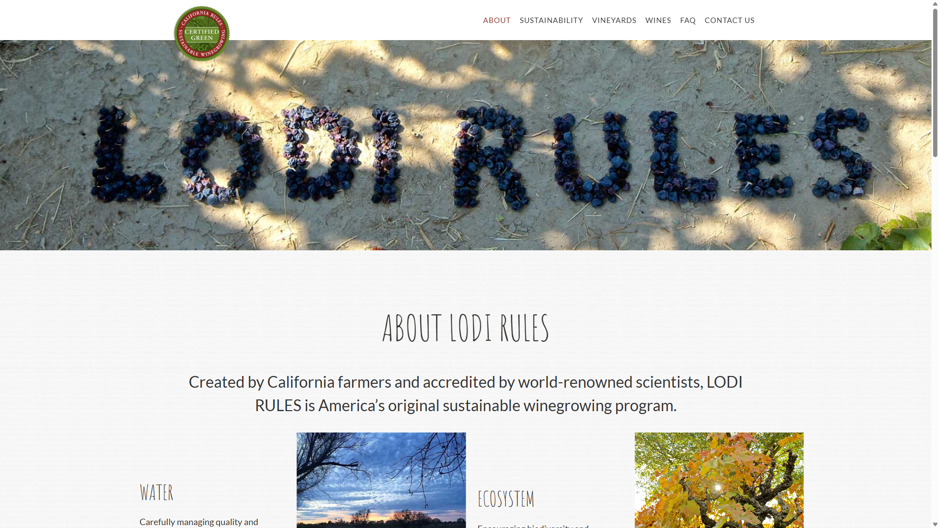The About Lodi Rules page on desktop: the grape lettering banner above a note that the program was created by California farmers and accredited by scientists, with photographs of water and ecosystem.
