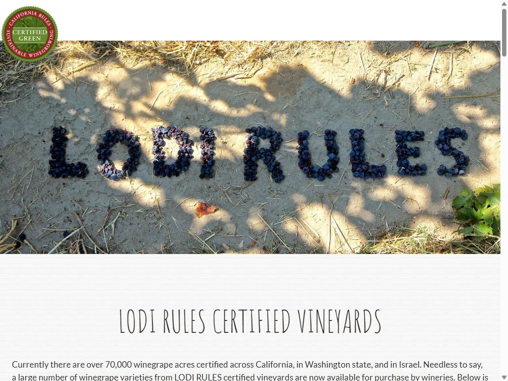 The Lodi Rules Certified Vineyards page on a tablet, noting more than 70,000 certified acres in California, Washington state and Israel.