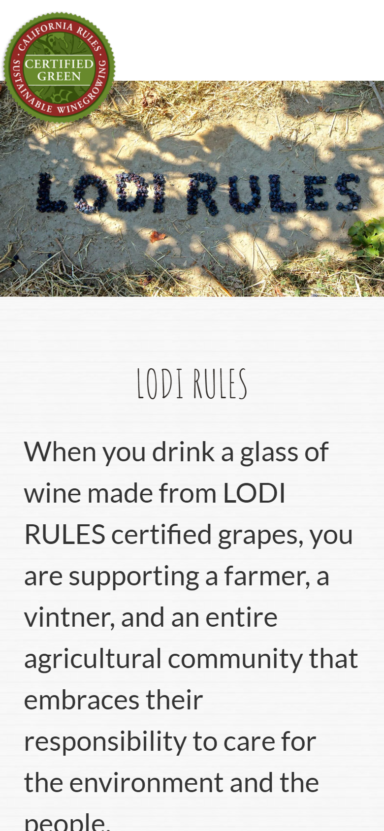 The Lodi Rules home page on a phone, with the Certified Green seal and the grape lettering above the introduction.