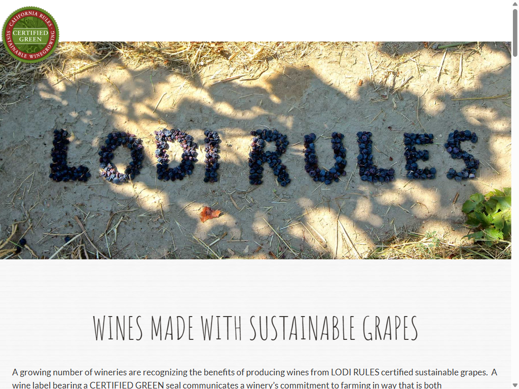 The Wines Made with Sustainable Grapes page on a tablet, under the grape lettering banner.