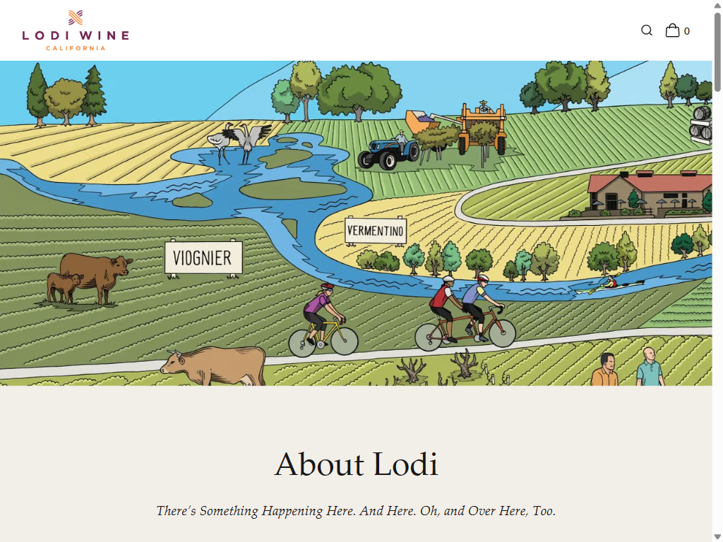 The About Lodi page on a tablet: an illustrated map of Lodi wine country with cyclists, a river, tractors and vineyard signs for Viognier and Vermentino.