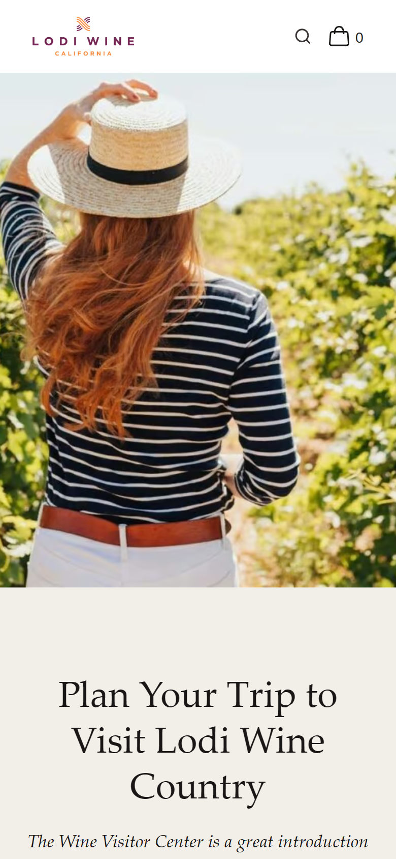 The plan your visit page on a phone: the woman in a straw hat in the vineyard above "Plan Your Trip to Visit Lodi Wine Country".