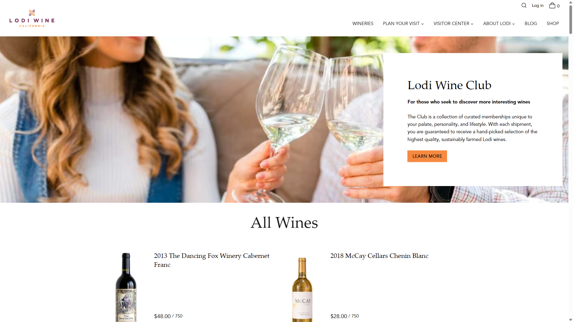 The Lodi Wine shop page on desktop: two women toasting with white wine beside a Lodi Wine Club panel, above the All Wines listing.