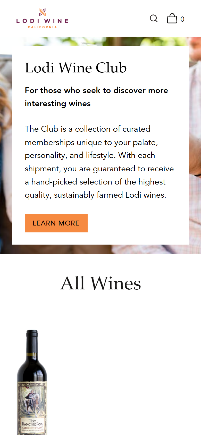 The Lodi Wine Club panel on a phone, describing curated memberships of sustainably farmed Lodi wines, above All Wines.