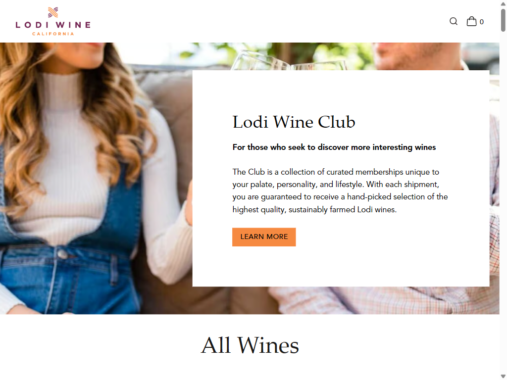 The Lodi Wine Club panel on a tablet: friends toasting with white wine beside the club description and a Learn More button, above All Wines.