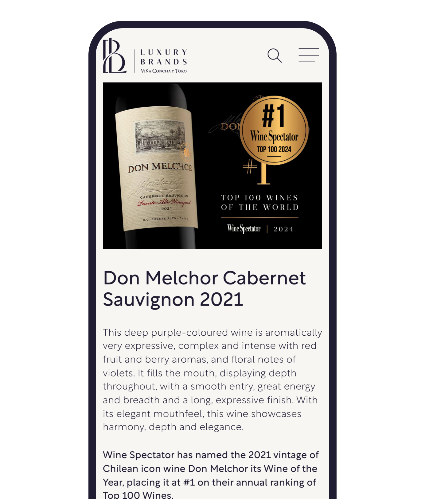 The Don Melchor Cabernet Sauvignon 2021 page on a phone