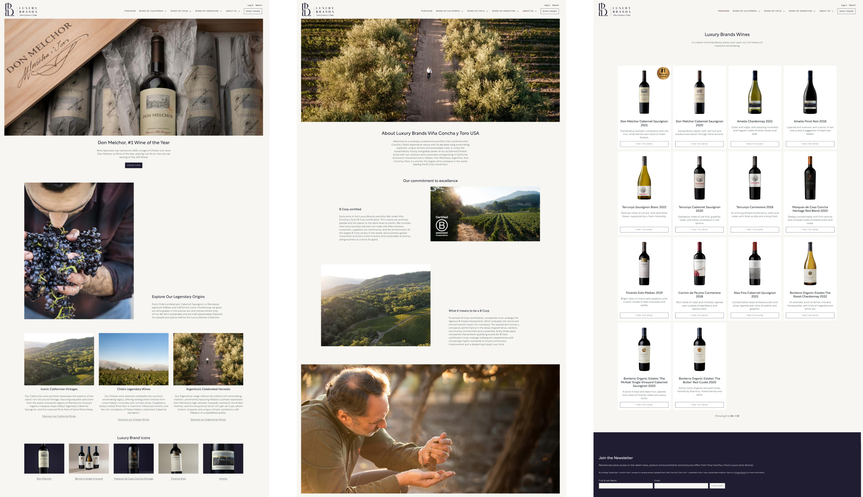 Three Luxury Brands VCT pages: home, About Us and All Wines