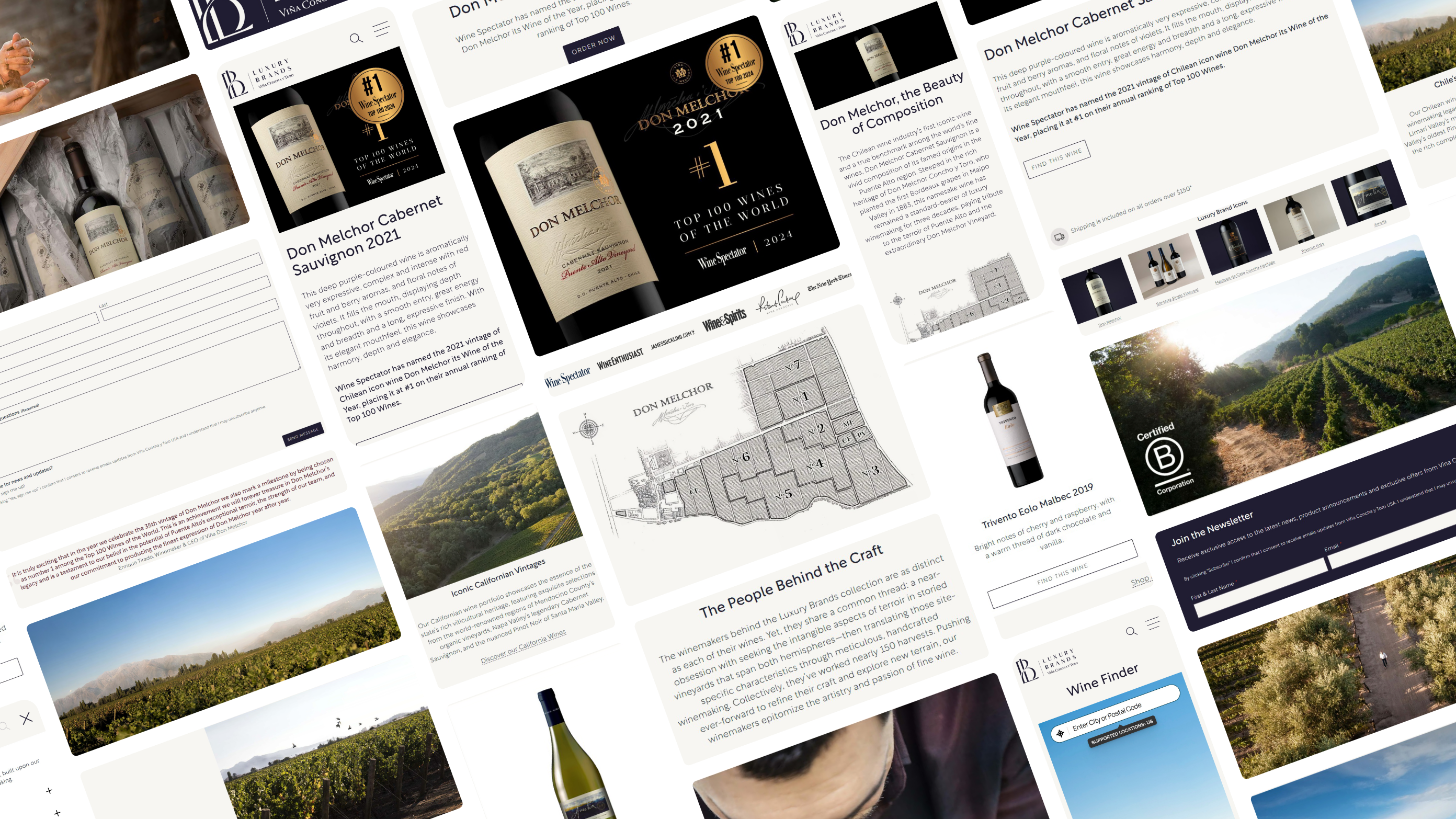 Pieces of the Luxury Brands VCT website, from wine pages to the Don Melchor vineyard map