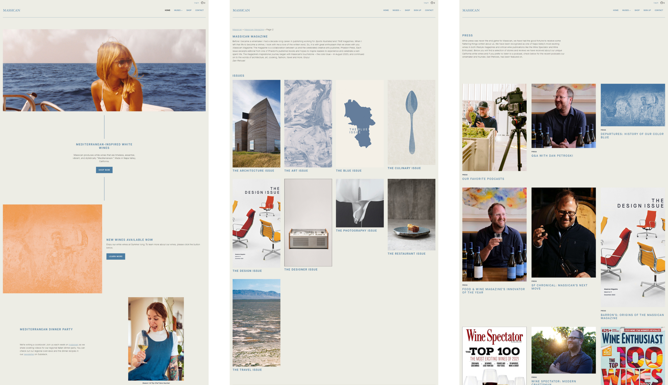 Three Massican pages as launched in 2023: home, Massican Magazine and Press