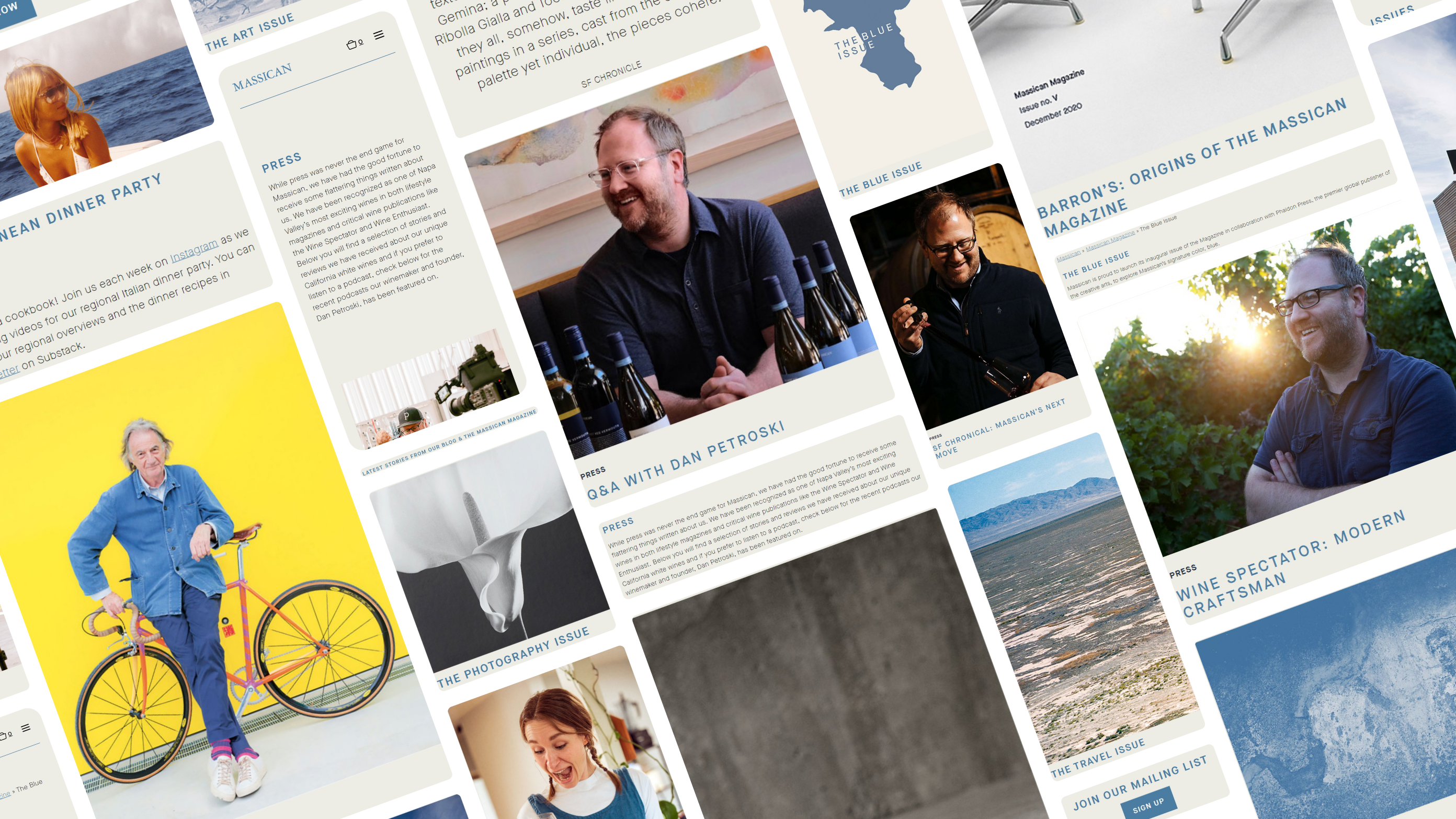Pieces of the Massican website as launched, from the Massican Magazine issues to Dan Petroski in the press