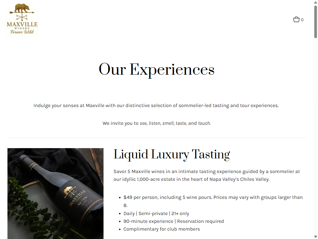 The Our Experiences page on a tablet, introducing the Liquid Luxury Tasting with a bottle among leaves and its price, length and reservation details.