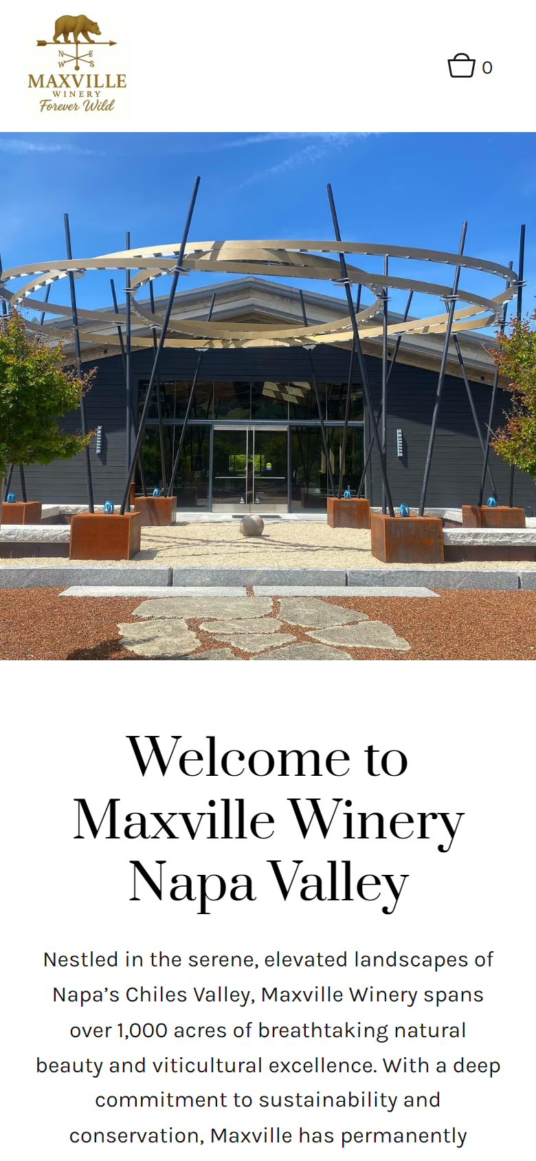 The Maxville home page on a phone: the winery canopy above "Welcome to Maxville Winery Napa Valley" and an introduction to the estate.