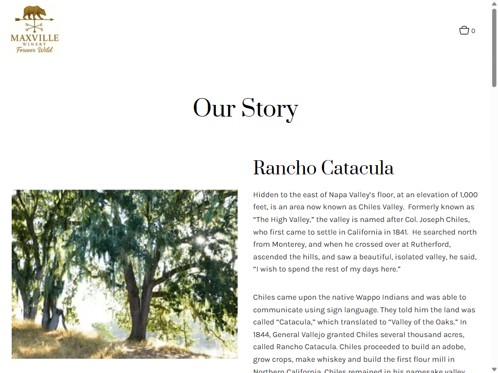 The Our Story page on a tablet: a broad oak tree beside the history of Rancho Catacula in Napa's Chiles Valley.