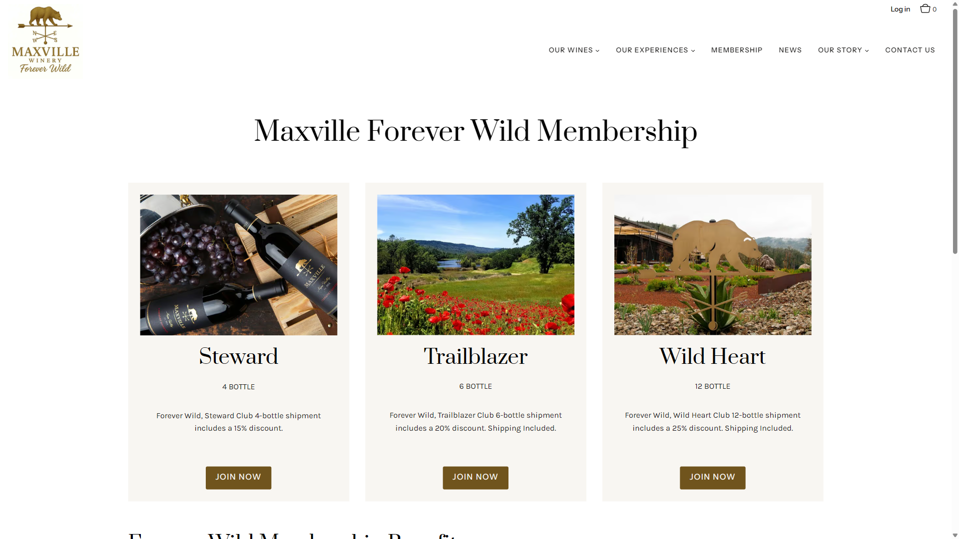 The Maxville Forever Wild Membership page on desktop, offering the Steward, Trailblazer and Wild Heart clubs with a photograph for each and Join Now buttons.