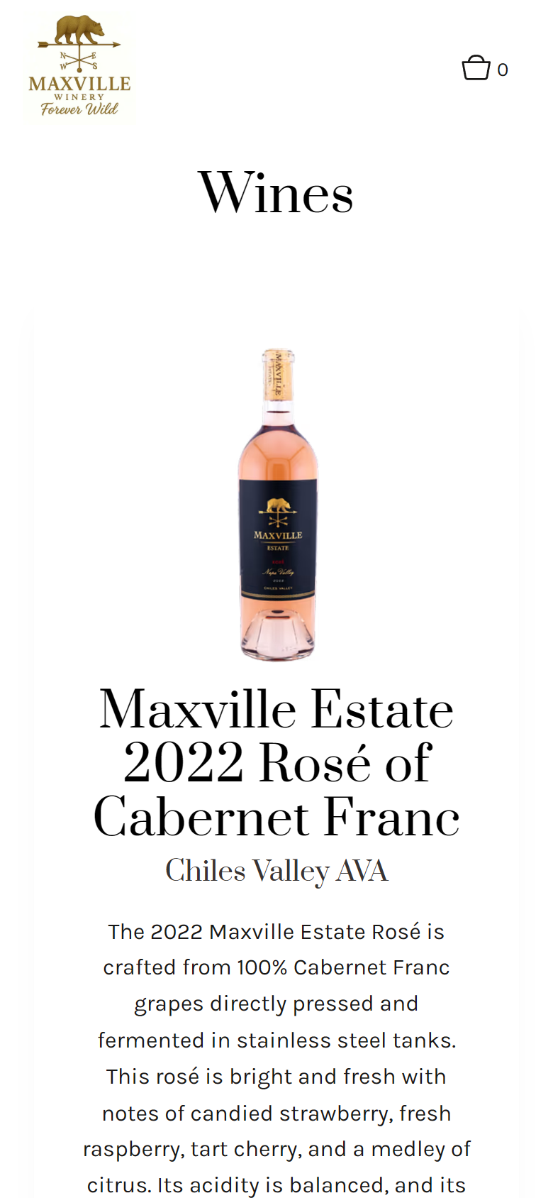 The Wines shop on a phone, showing the Maxville Estate 2022 Rosé of Cabernet Franc from Chiles Valley AVA with tasting notes.