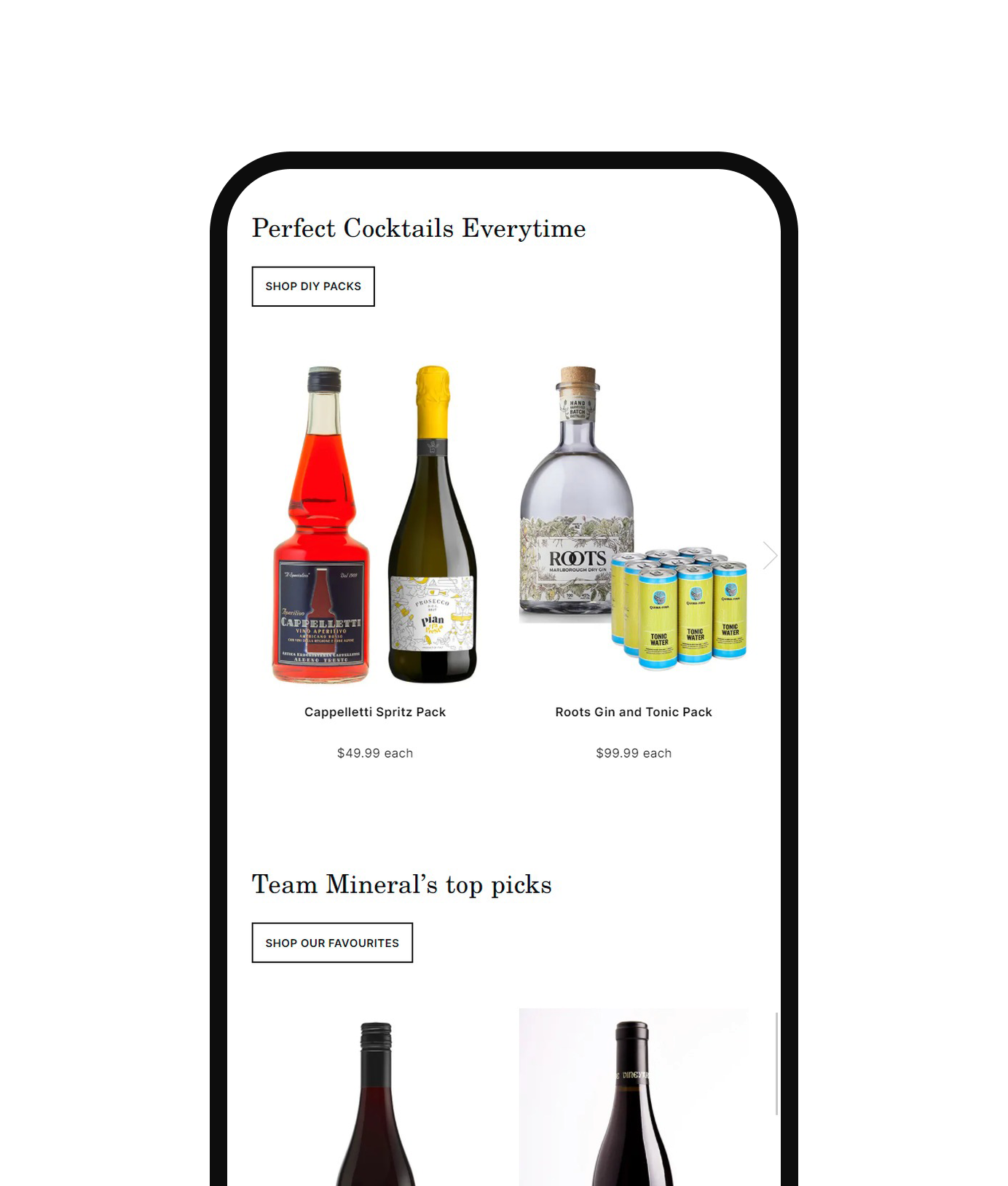 The Mineral home page on a phone: Perfect Cocktails Everytime and Team Mineral’s top picks