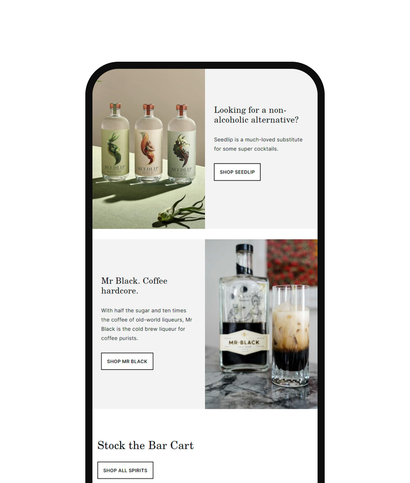 The Mineral home page on a phone: Seedlip, Mr Black and Stock the Bar Cart