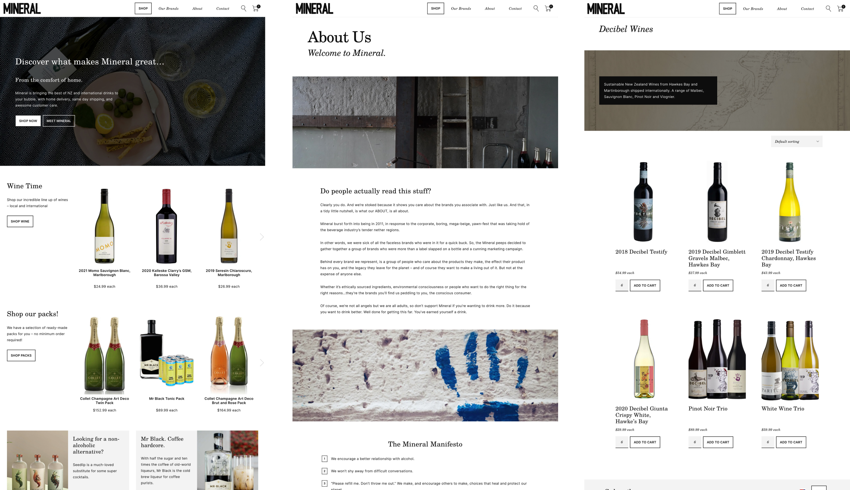 Three Mineral pages: home, About Us and the Decibel Wines brand page