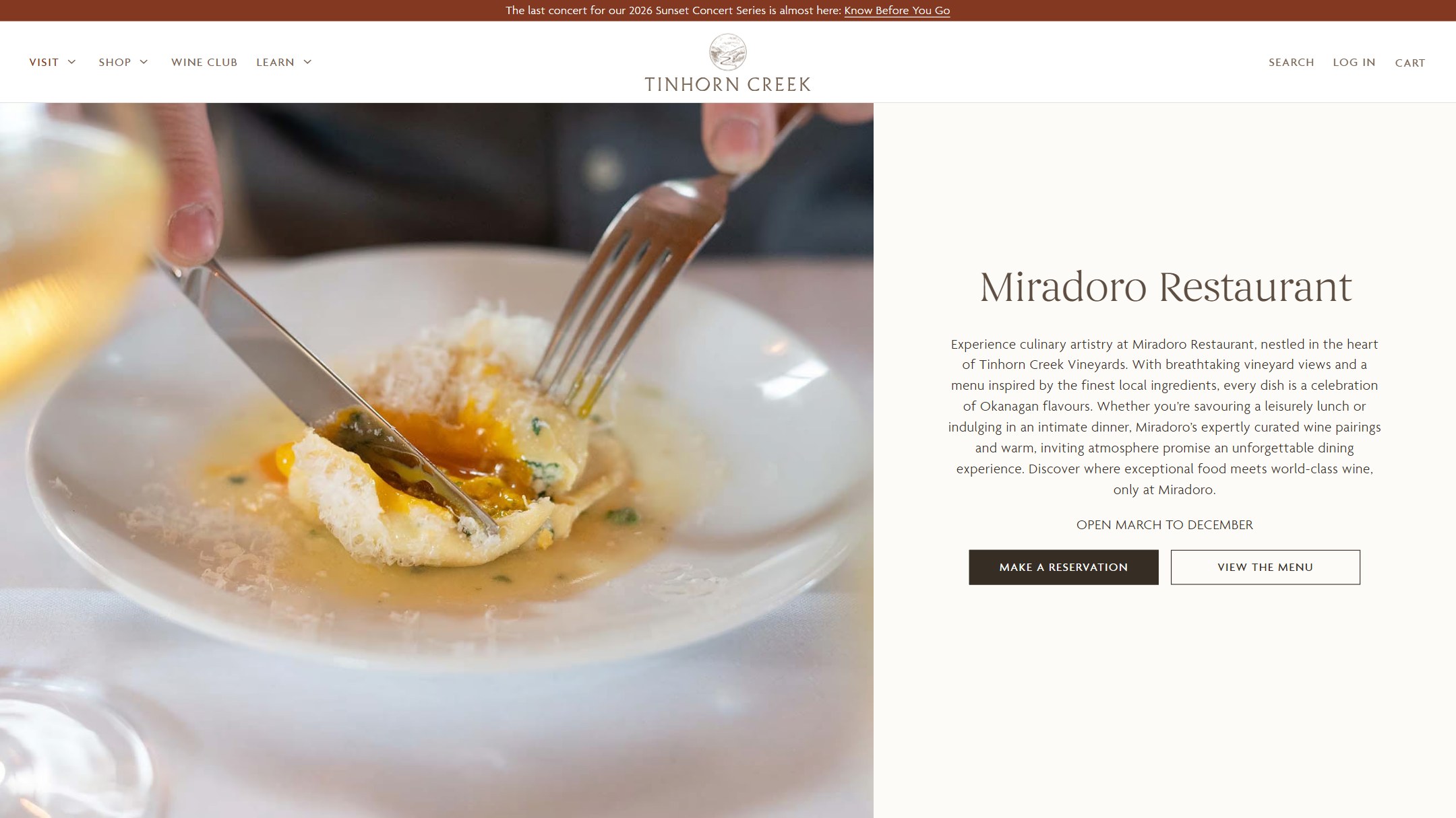 The Miradoro Restaurant page now, with reservation and menu buttons