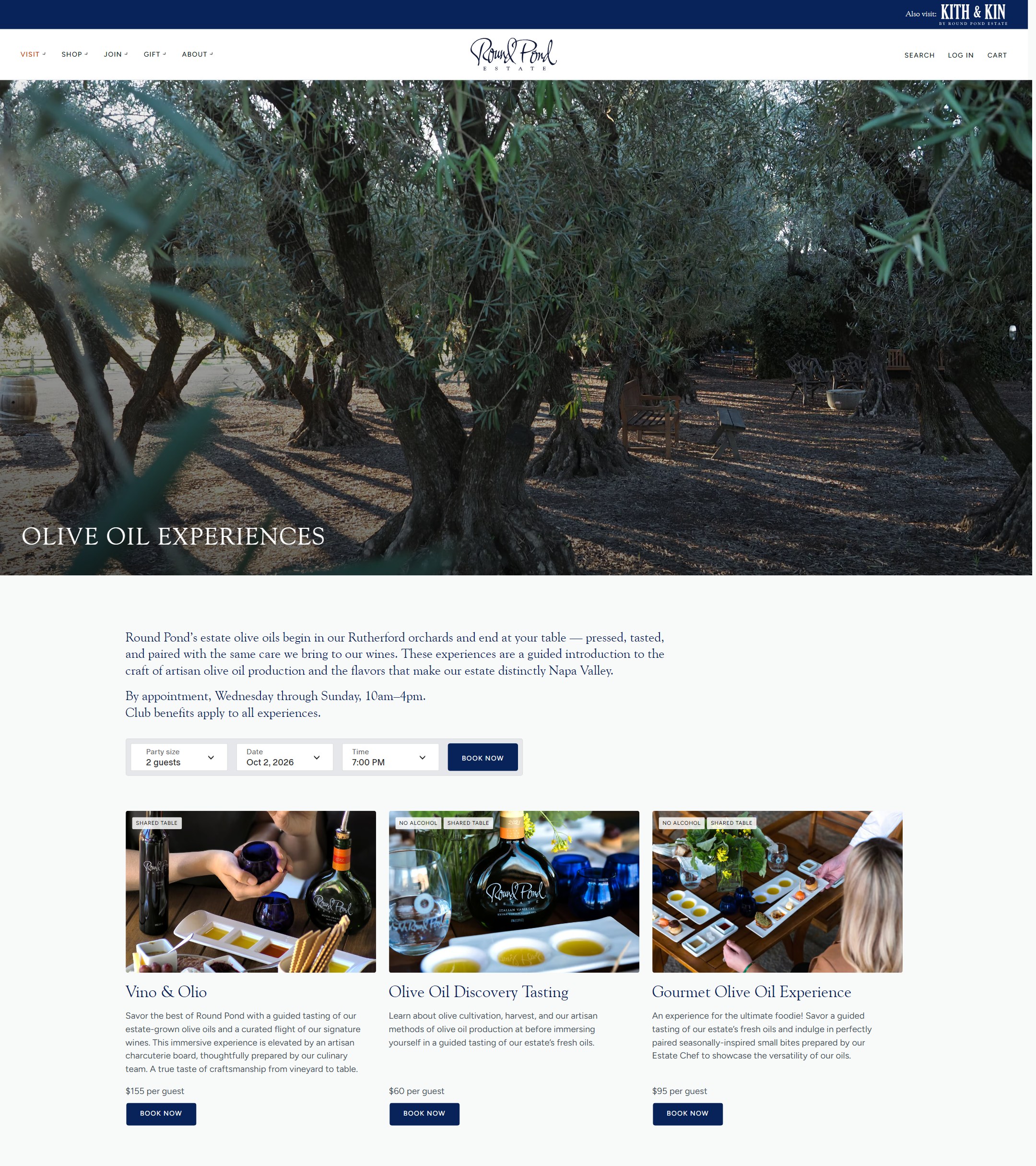 The Round Pond olive mill page now: the olive grove, a booking widget and three bookable olive oil experiences