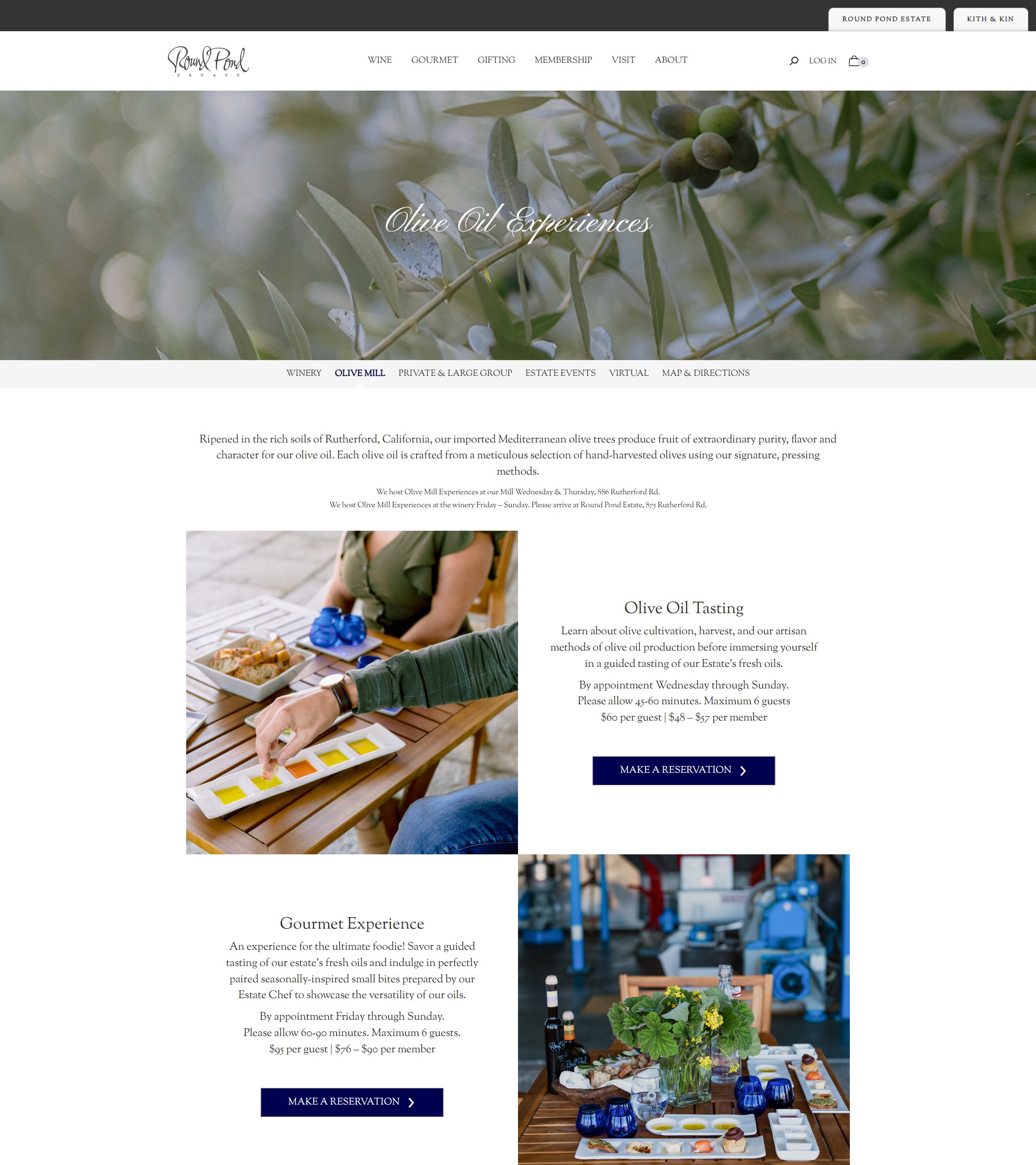 The Round Pond olive mill page in June 2025: Olive Oil Experiences over two tasting descriptions with reservation buttons