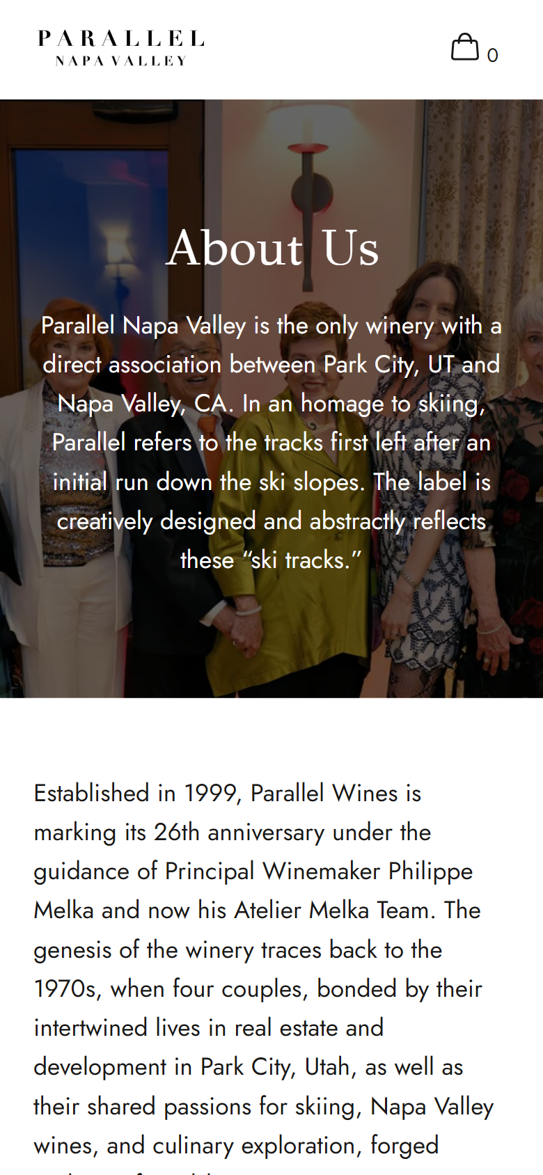 The About Us page on a phone, with the founding partners above the winery's history since 1999.