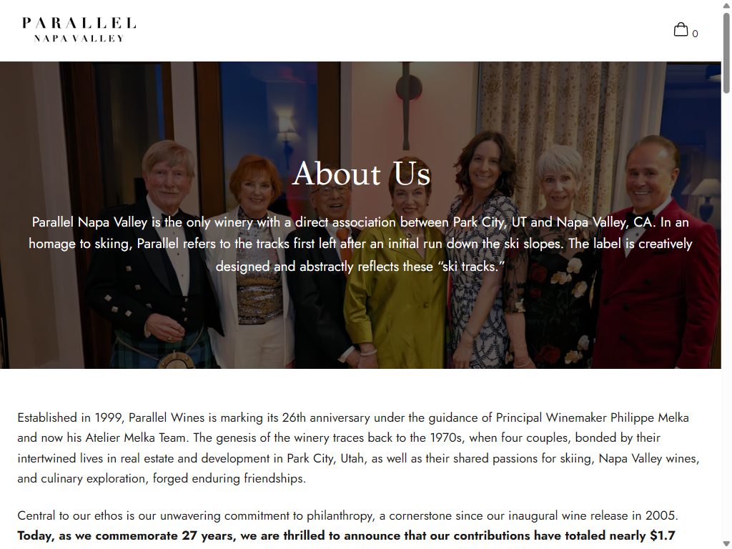 The About Us page on a tablet: the founding partners in ski-inspired evening dress, with an introduction to the winery's link between Park City, Utah, and Napa Valley.