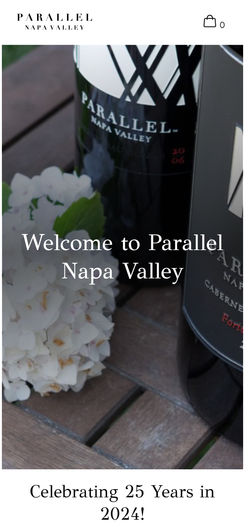 The Parallel home page on a phone: the bottles, glasses and flowers under the welcome heading, above "Celebrating 25 Years in 2024!".