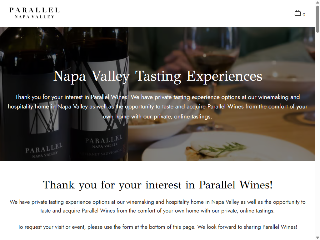 The Napa Valley Tasting Experiences page on a tablet, inviting guests to private tastings at the winemaking home in Napa Valley or online from home.