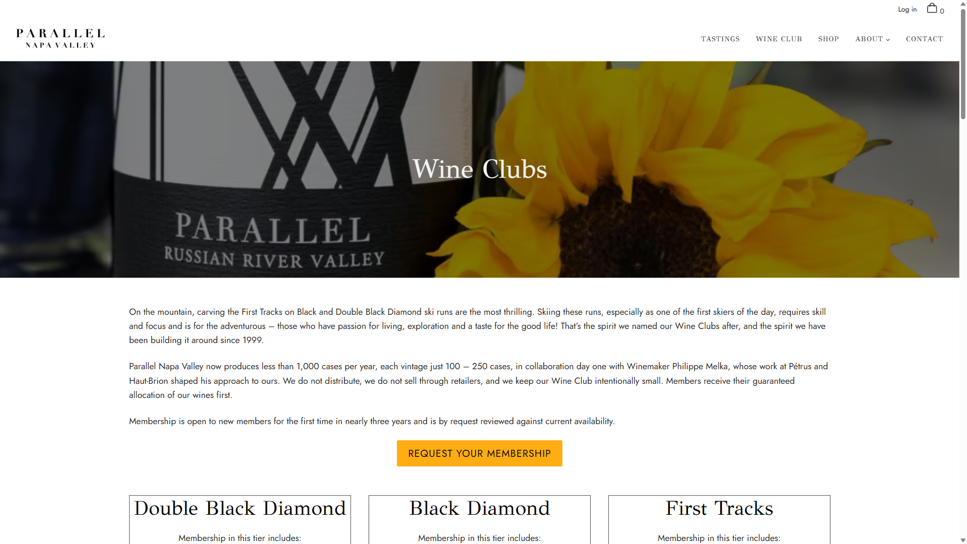 The Parallel wine clubs page on desktop: a bottle of Russian River Valley Chardonnay beside a sunflower, above the Double Black Diamond, Black Diamond and First Tracks memberships.