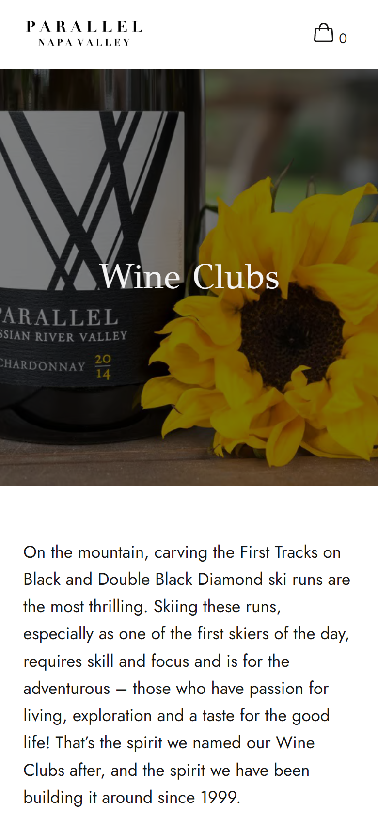 The wine clubs page on a phone: the Chardonnay bottle and sunflower above the story behind the clubs' ski-run names.