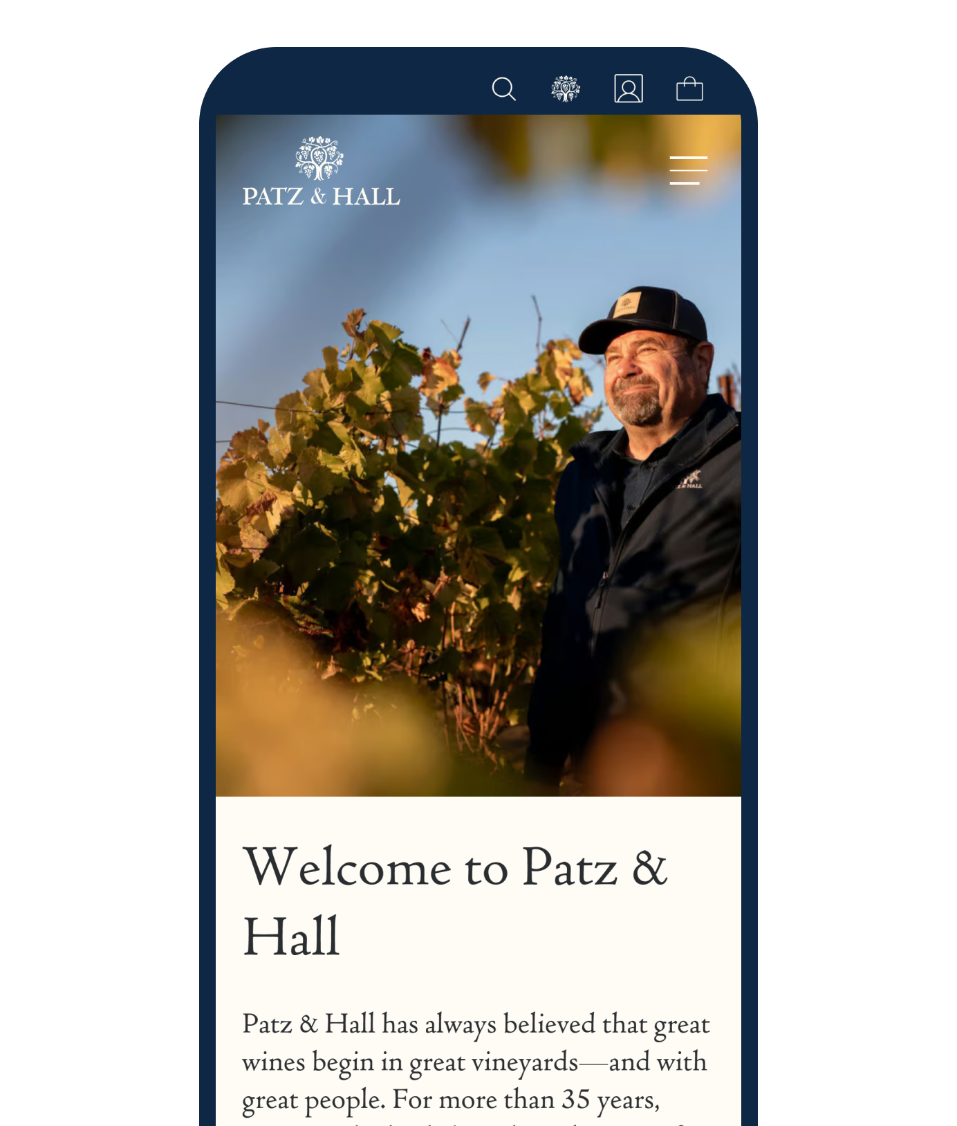 The Patz & Hall home page on a phone