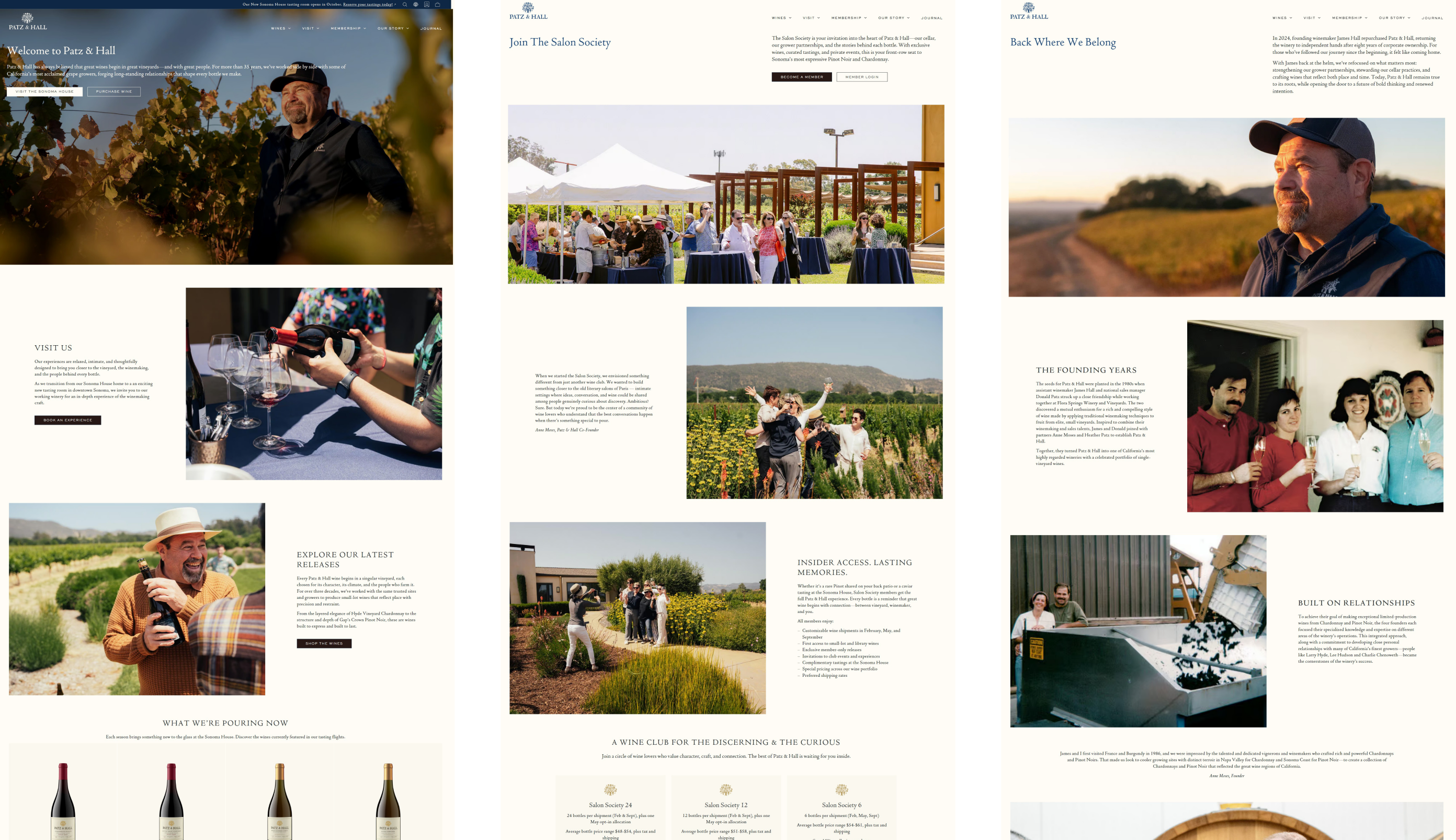 Three Patz & Hall pages: home, the Salon Society wine club and the Patz & Hall story