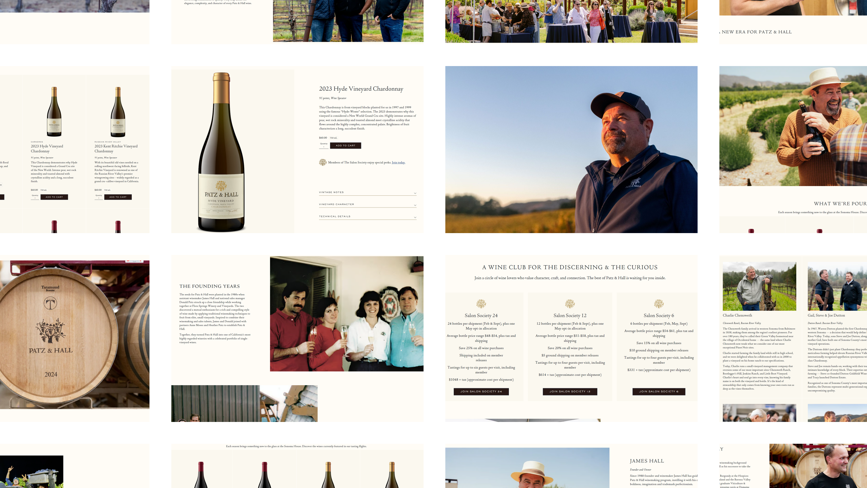 Pieces of the Patz & Hall website, from the Hyde Vineyard Chardonnay page to the Salon Society tiers