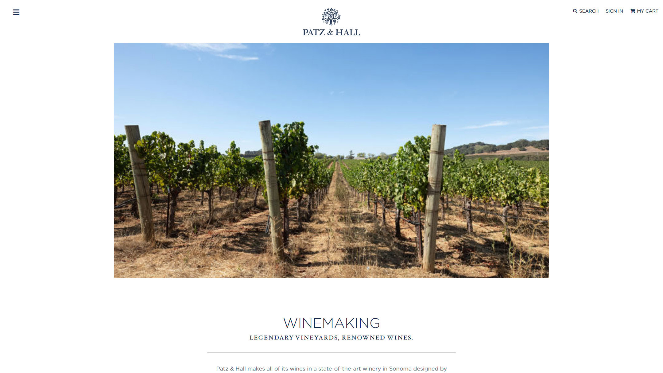 The Patz & Hall winemaking page in 2024, on the Ste. Michelle site: a vineyard row under a blue sky