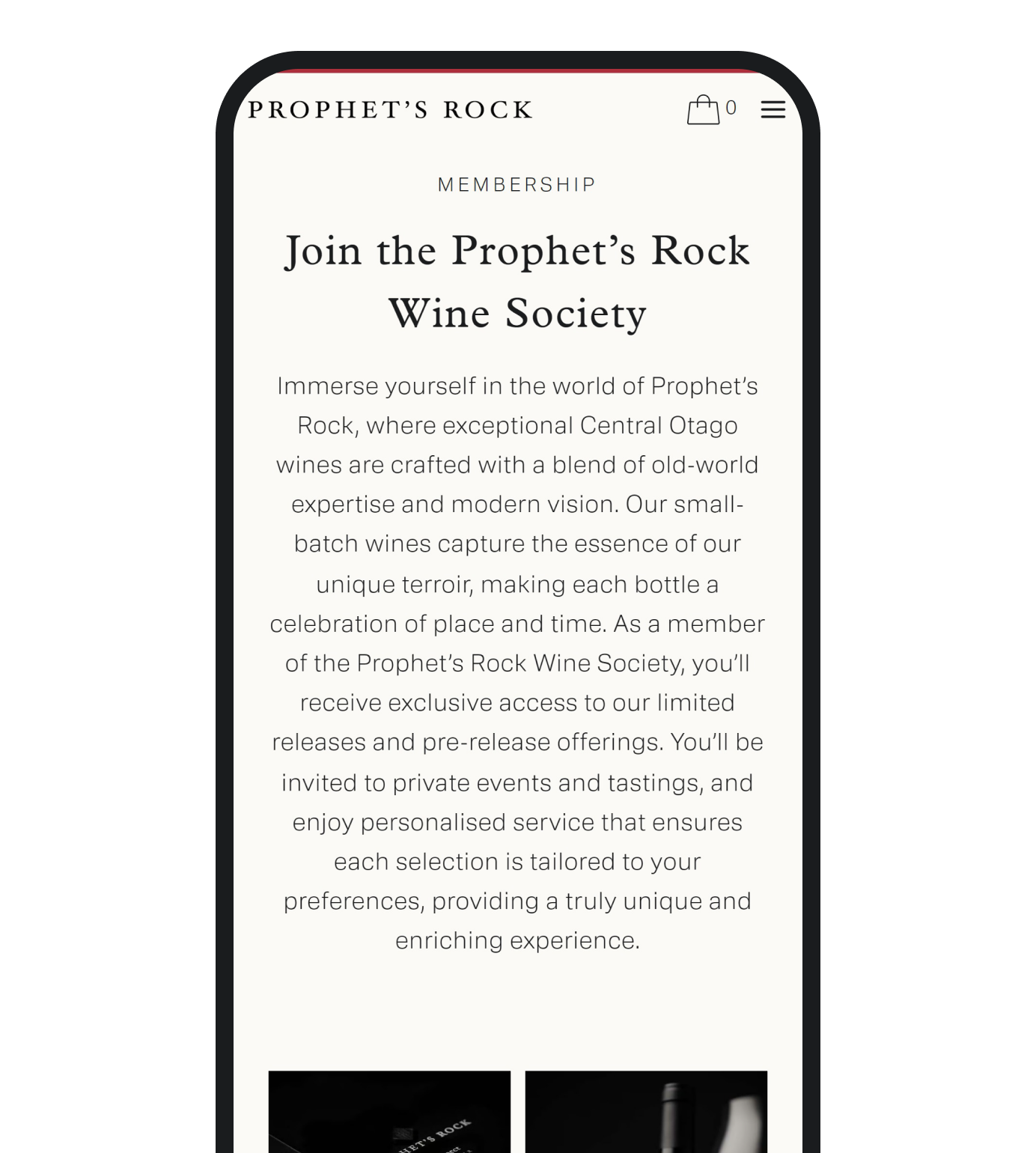 The Prophet’s Rock Wine Society page on a phone