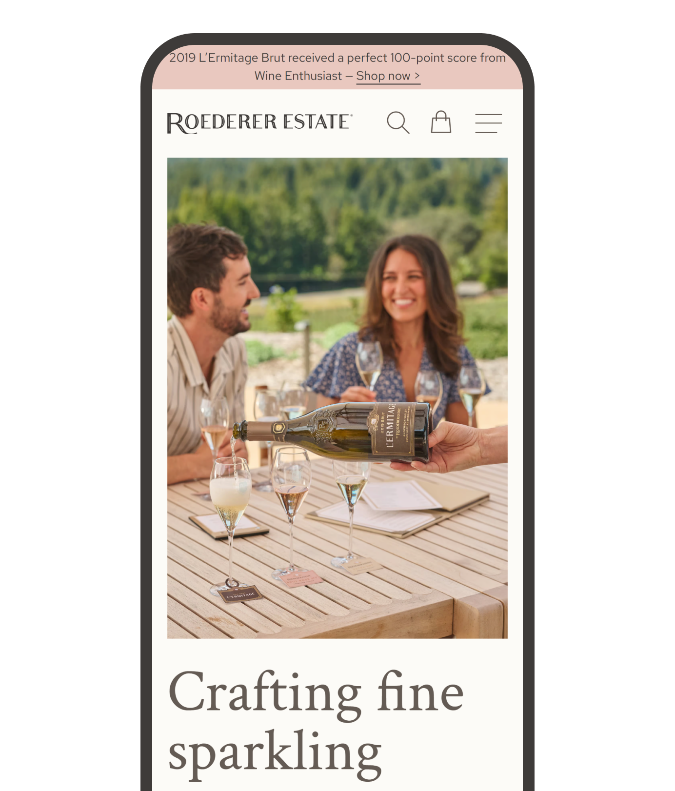 The Roederer Estate home page on a phone