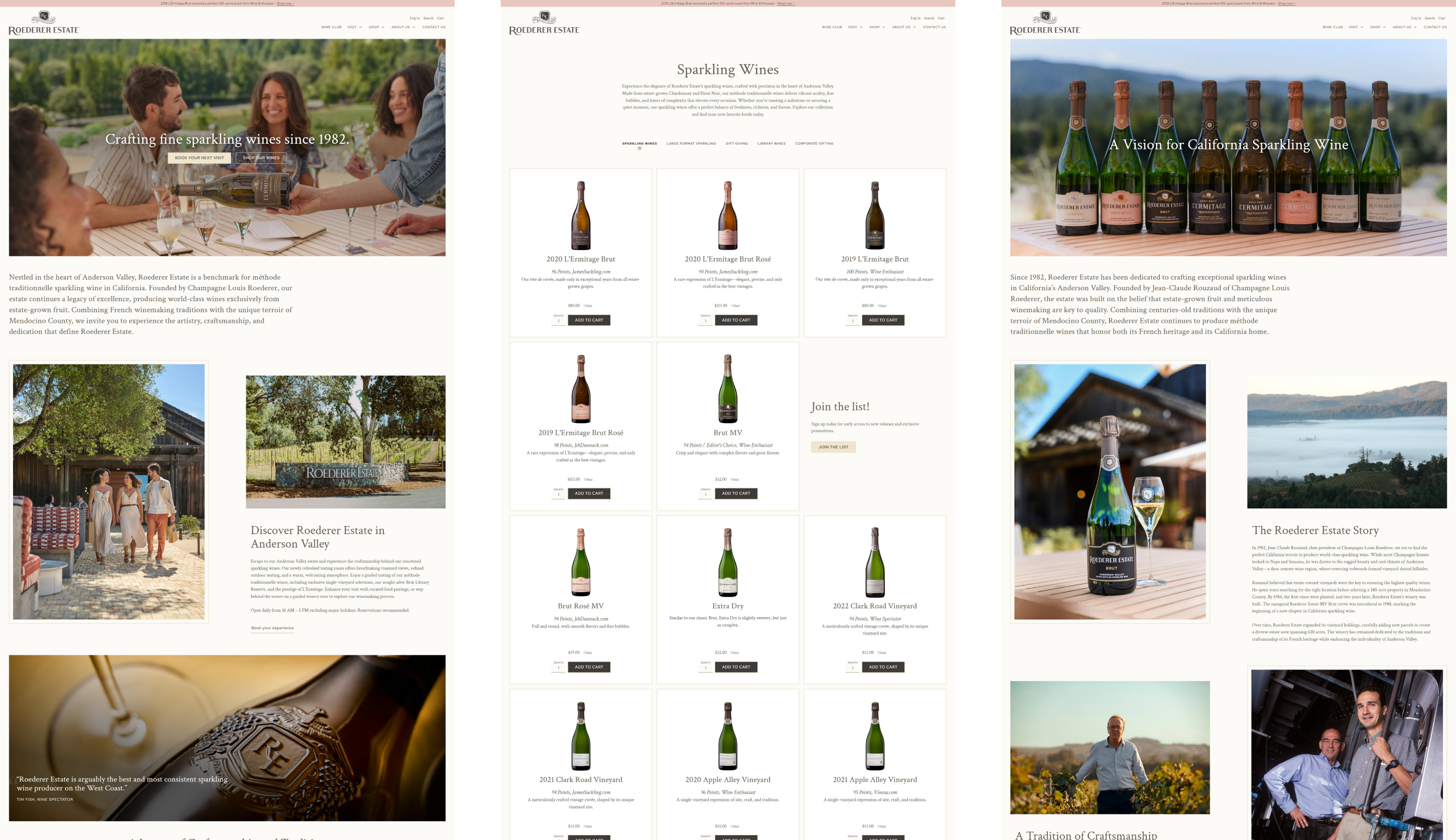 Three Roederer Estate pages: home, Sparkling Wines and Our Heritage