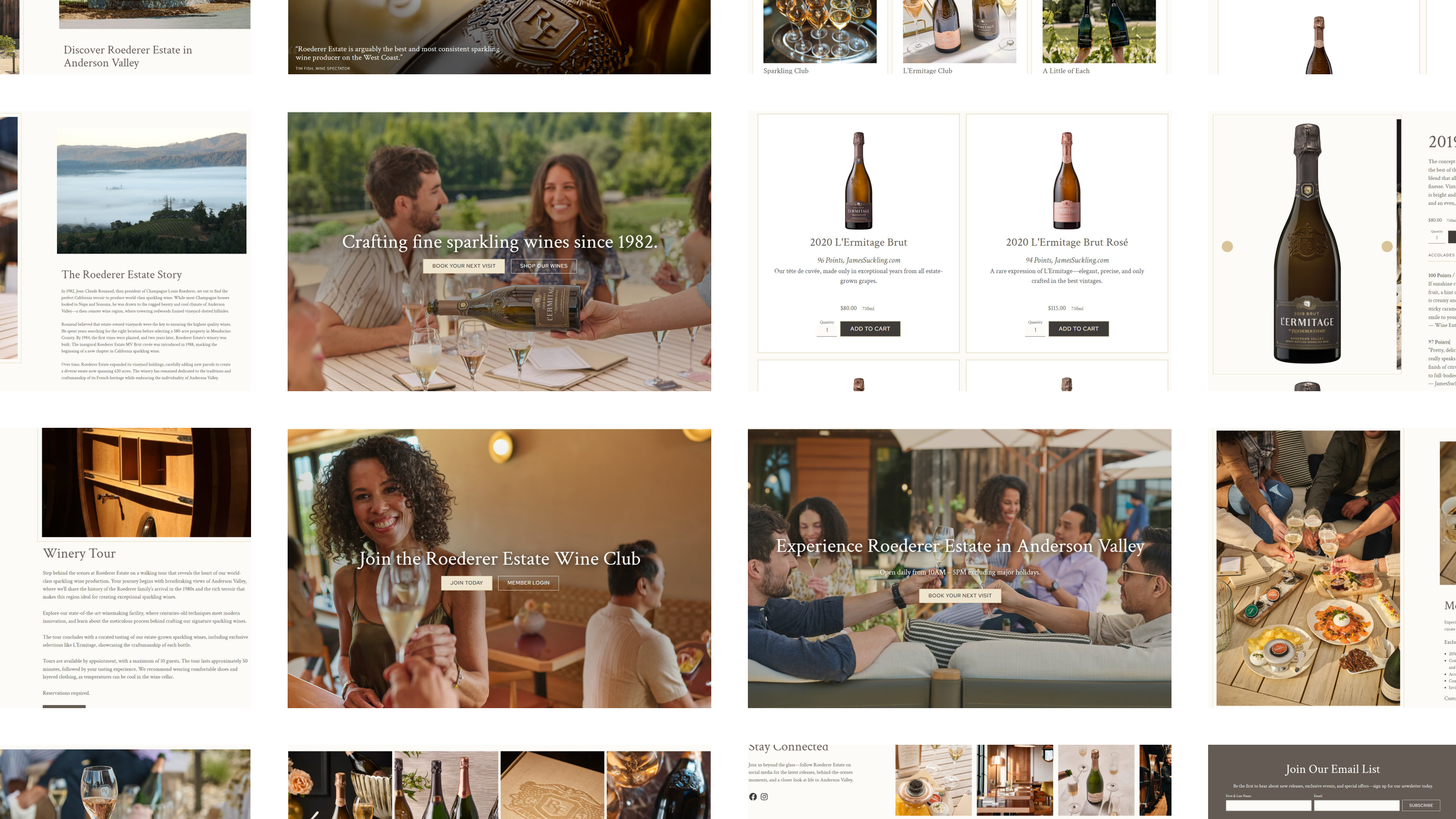 Sections of the Roederer Estate website, from the home page and the sparkling wines to the wine club and the tasting room