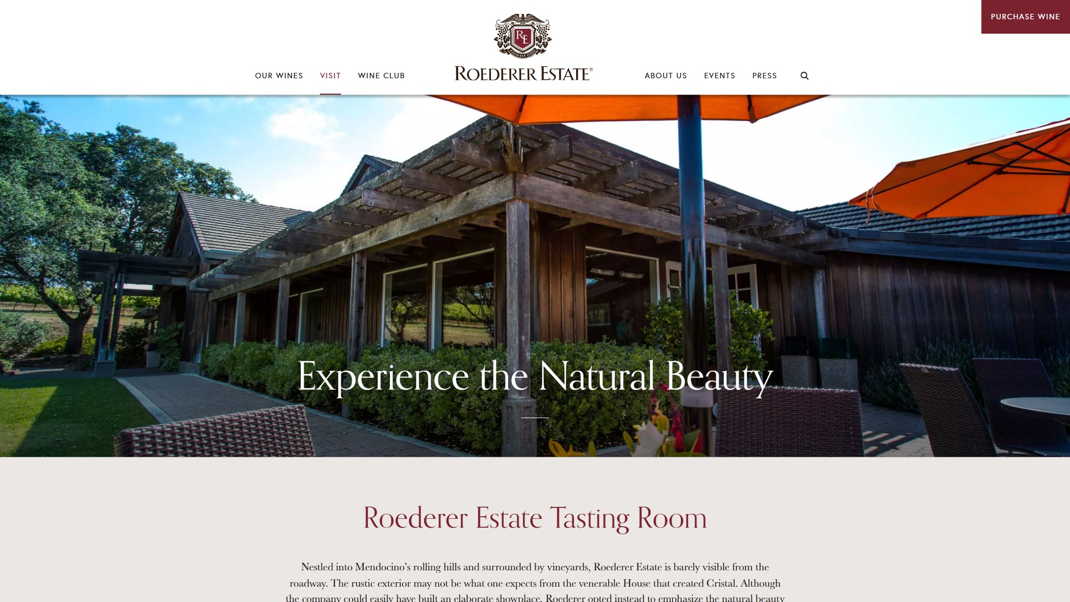 The Roederer Estate visit page in early 2025: Experience the Natural Beauty, over the tasting room