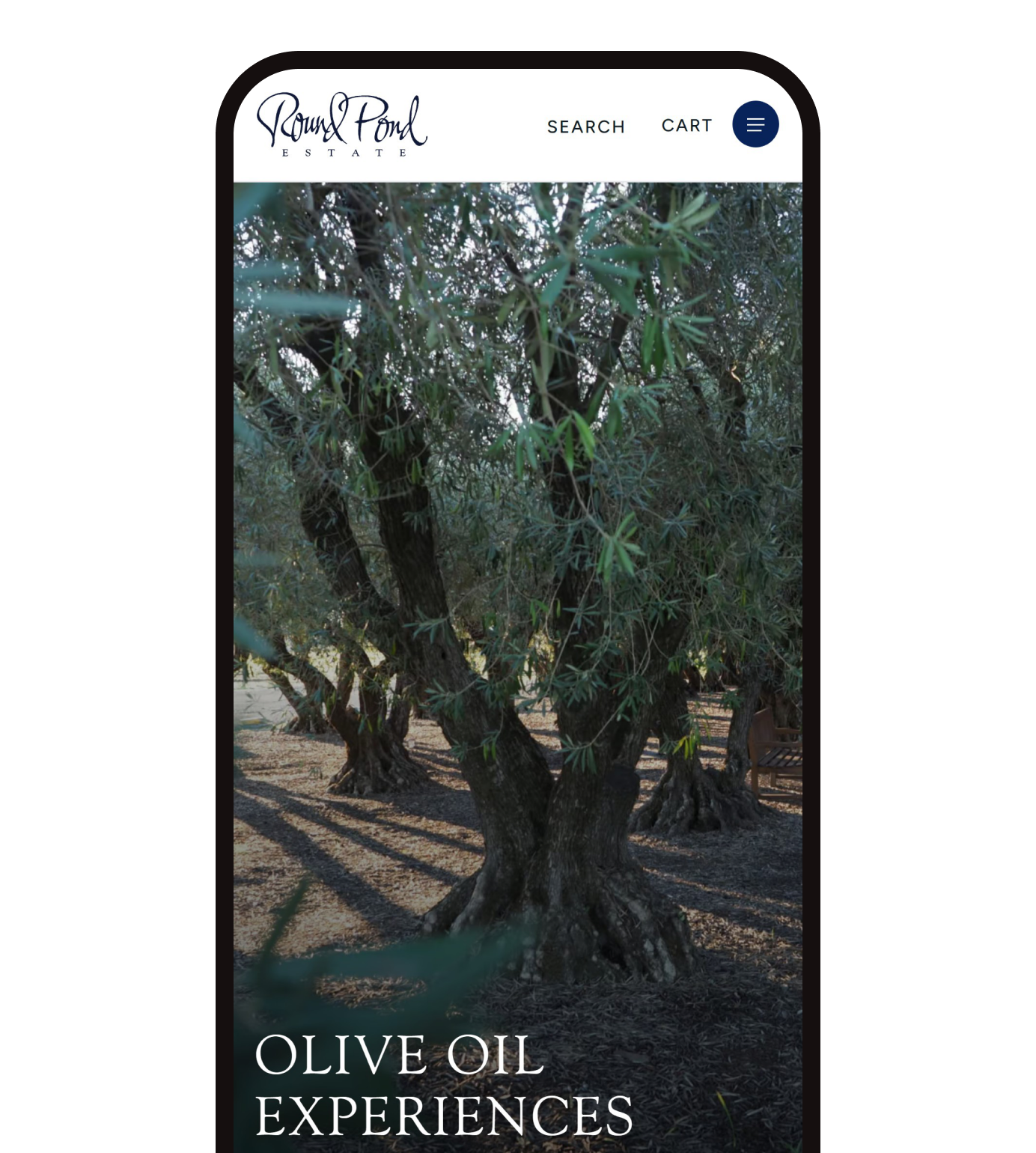 The Round Pond Estate Olive Oil Experiences page on a phone