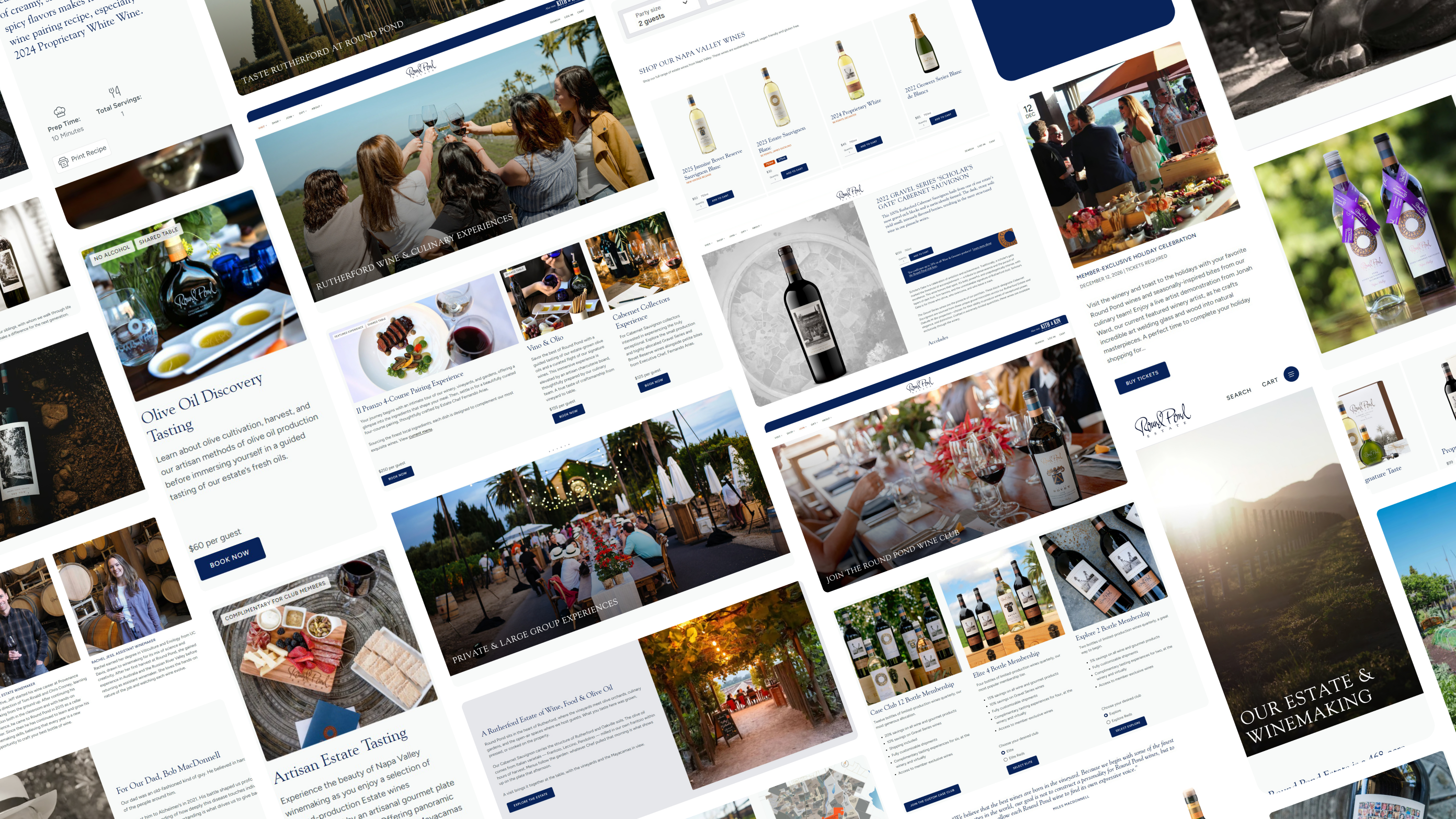 Pieces of the Round Pond Estate website and phone screens, from tasting experiences and private events to the shop and wine club