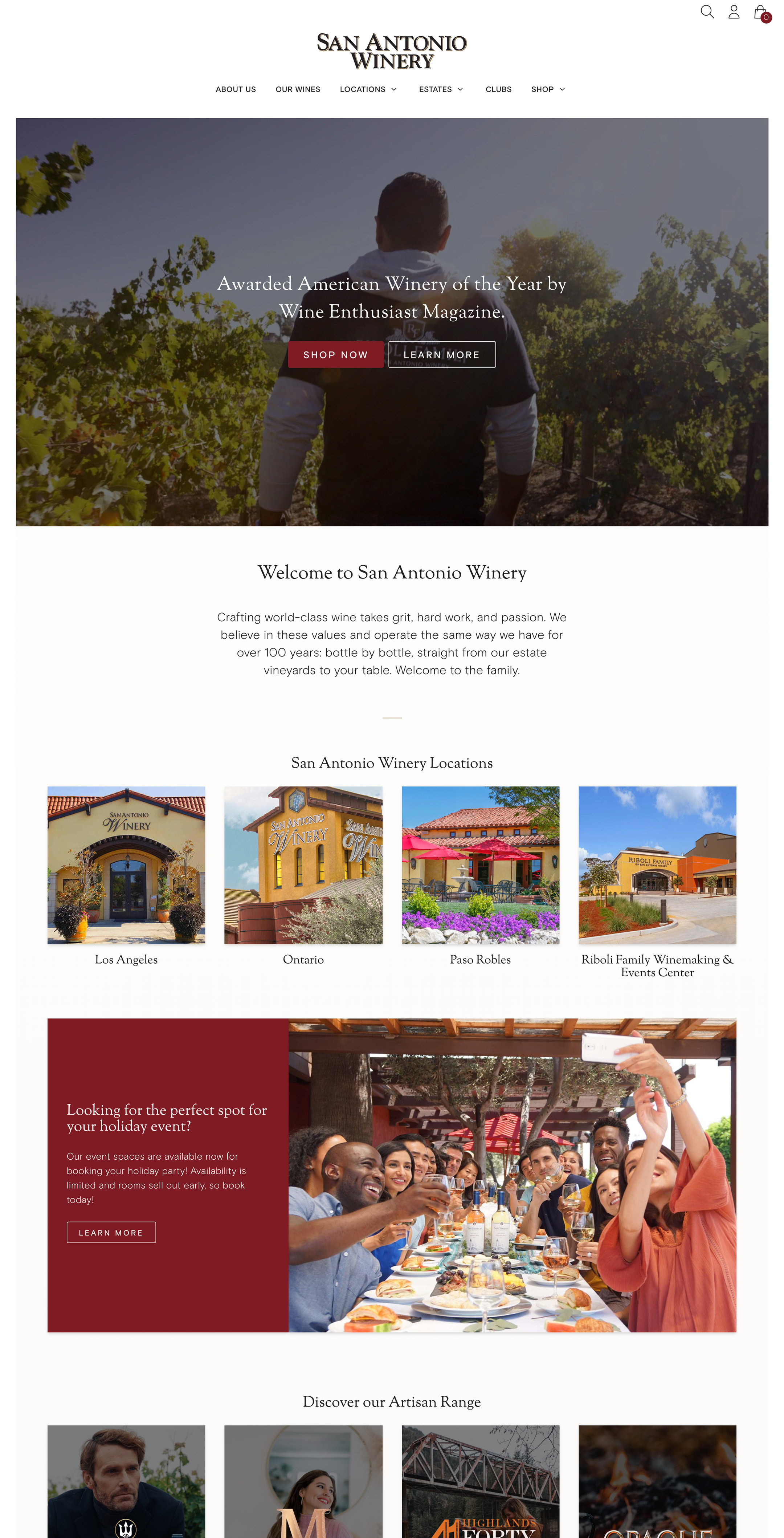 The San Antonio Winery home page we designed: Awarded American Winery of the Year by Wine Enthusiast Magazine