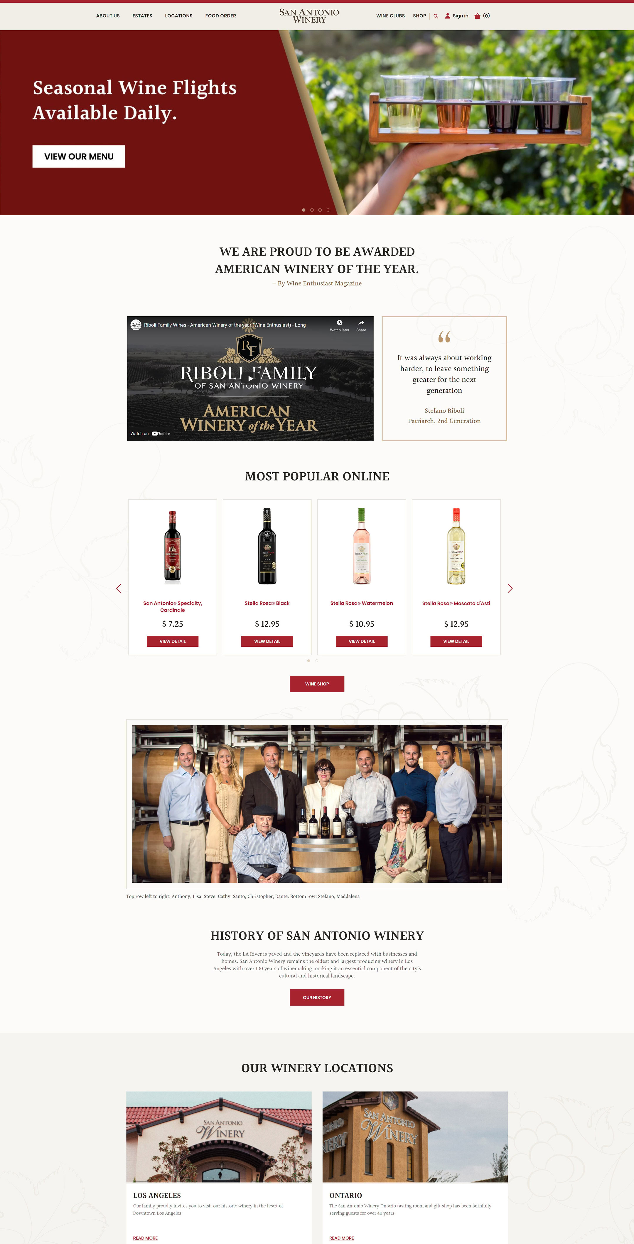 The San Antonio Winery home page before 5forests: Seasonal Wine Flights Available Daily