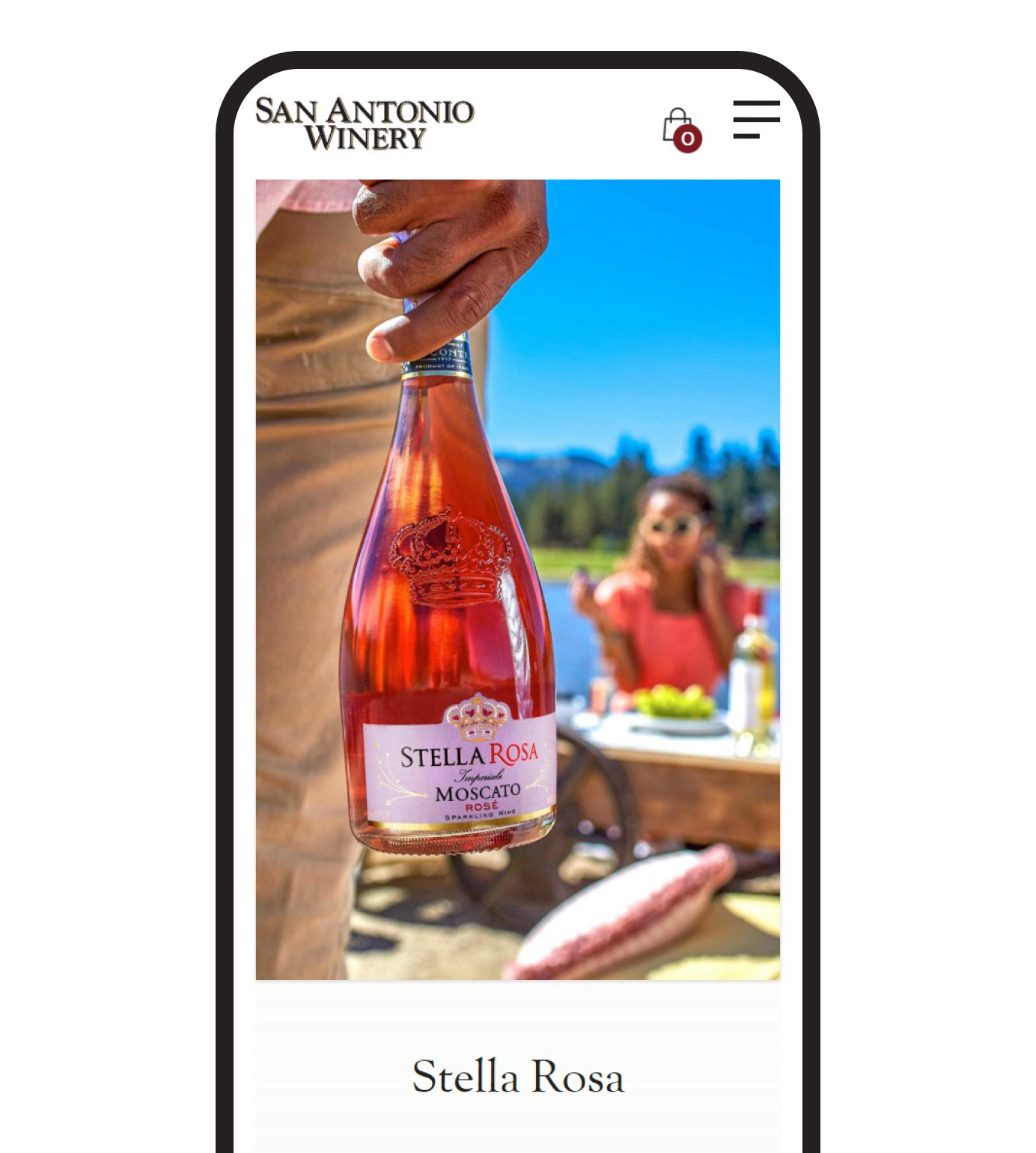 The Stella Rosa brand page of the San Antonio Winery website on a phone