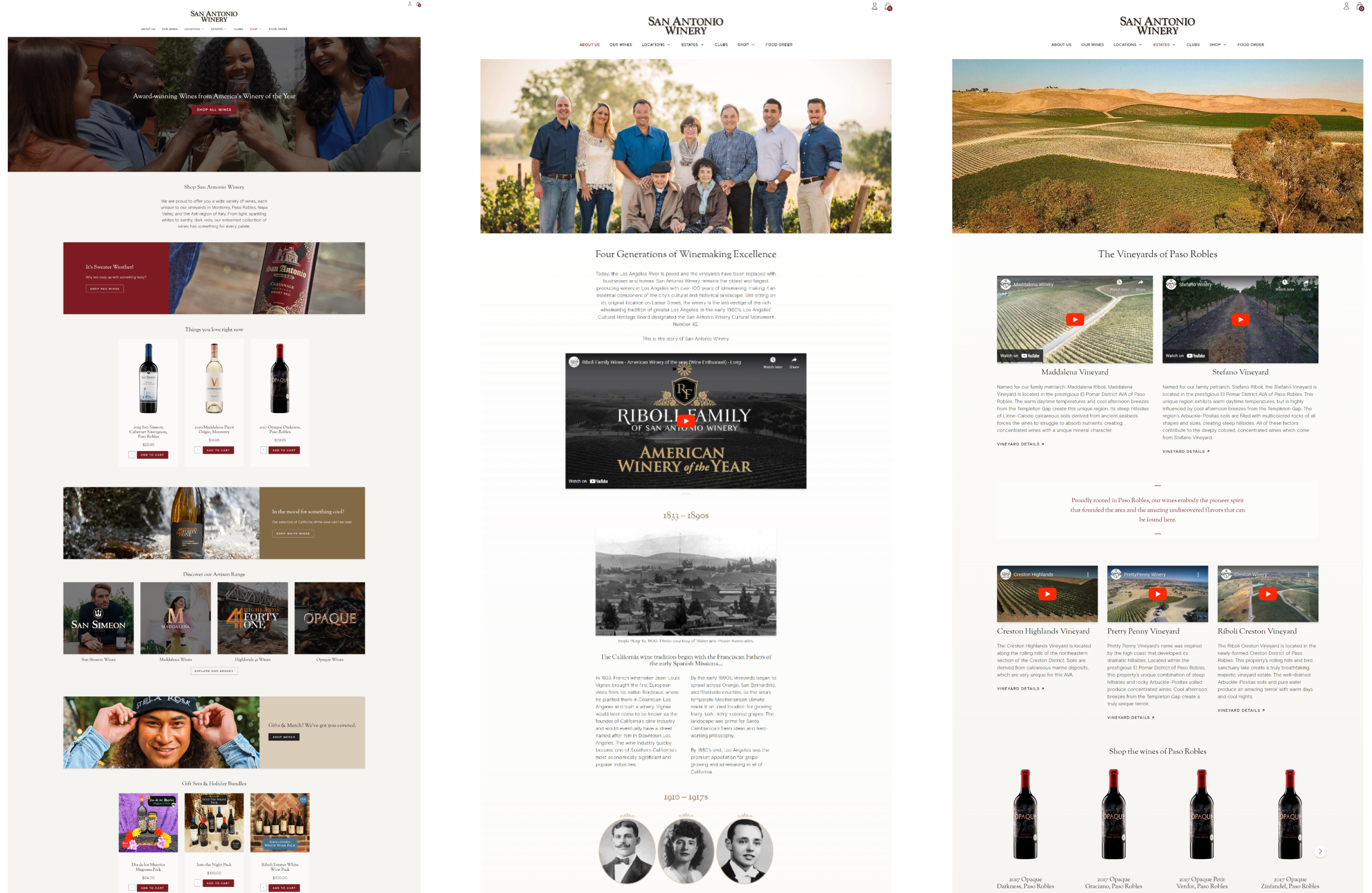 Three San Antonio Winery pages: the shop, Four Generations of Winemaking Excellence, and The Vineyards of Paso Robles