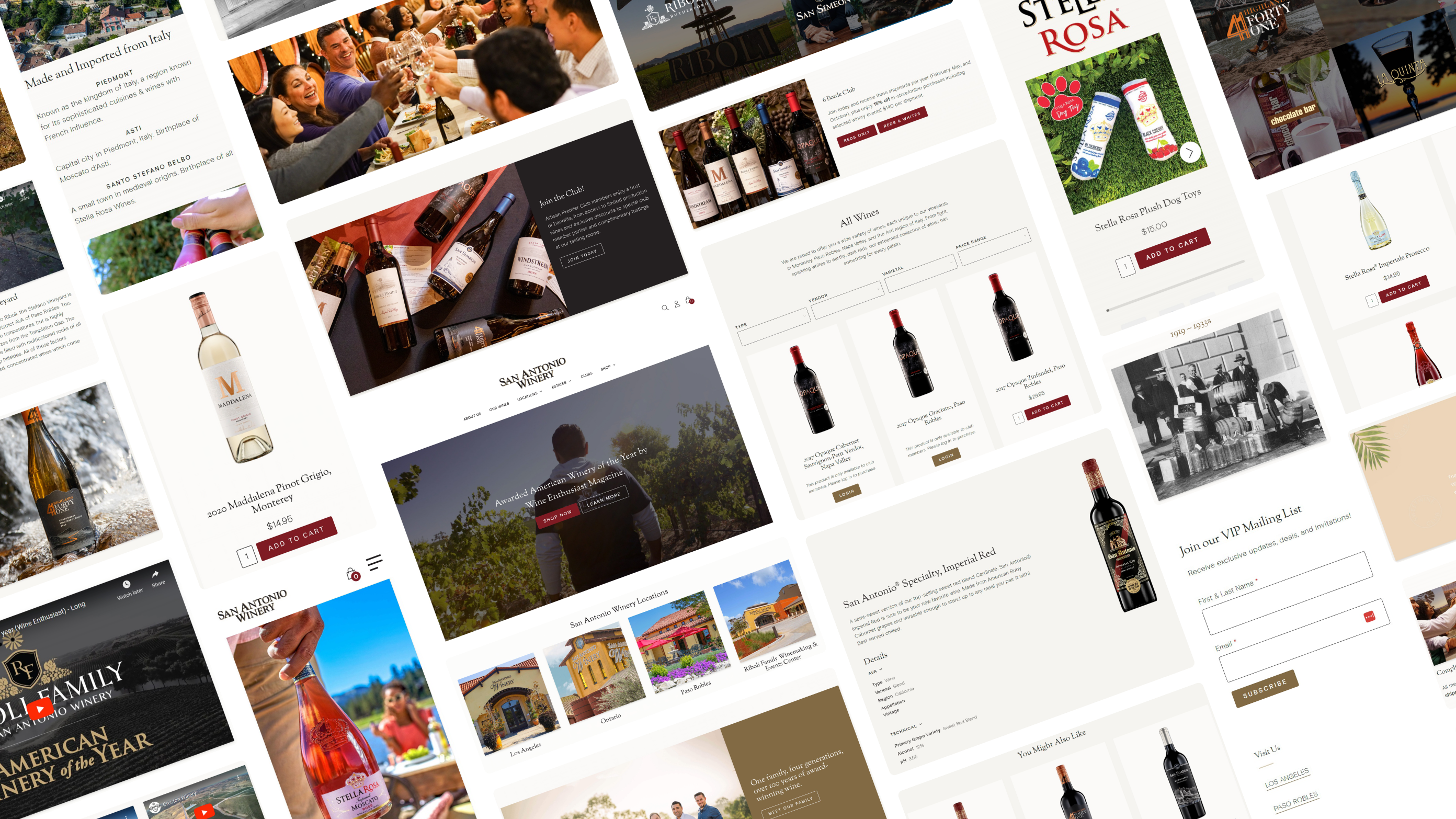 Pieces of the San Antonio Winery website and phone screens, from the home page, the shop, the club and the locations to the family brands and the winery’s history